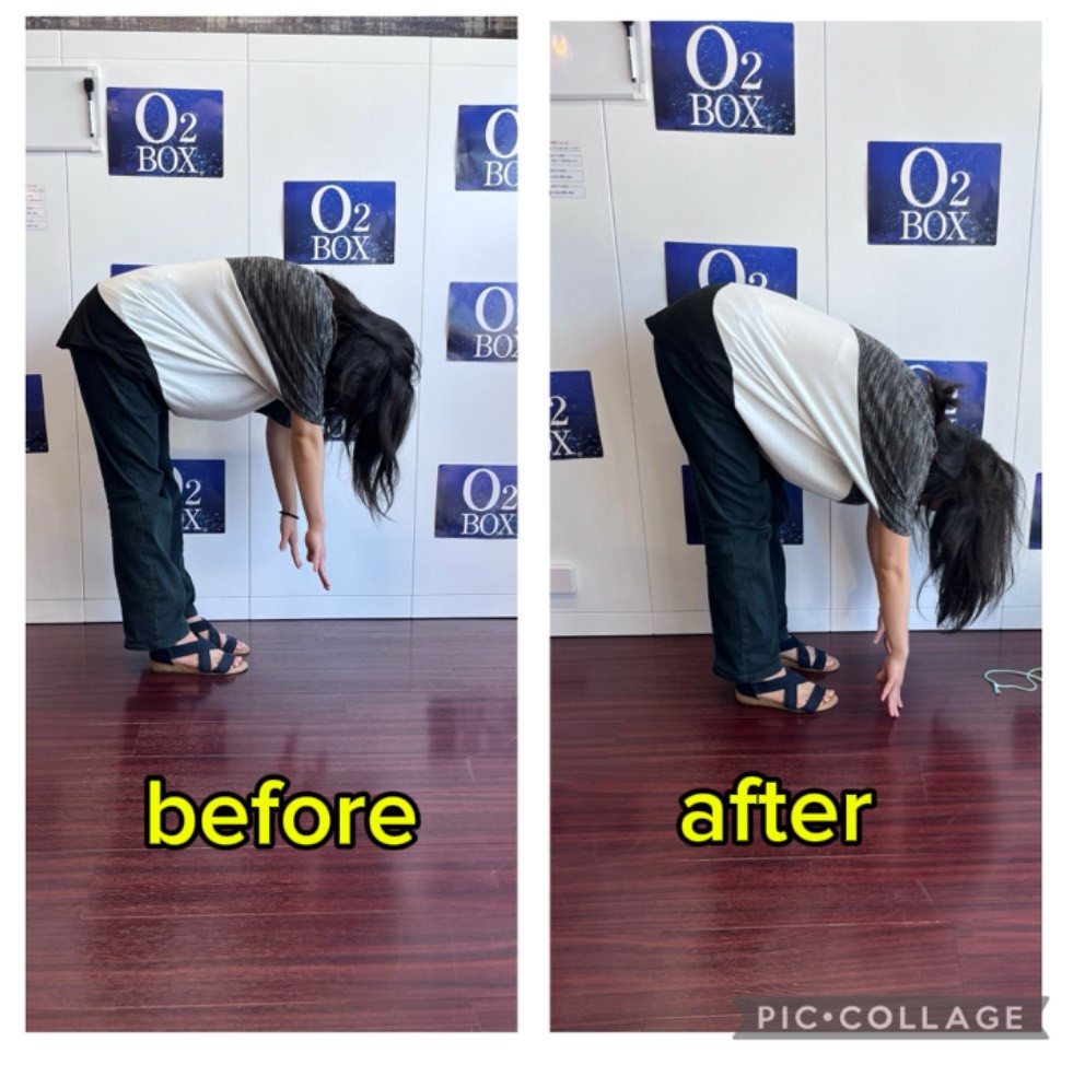 酸素ボックス利用前後での筋肉柔軟性の比較写真。