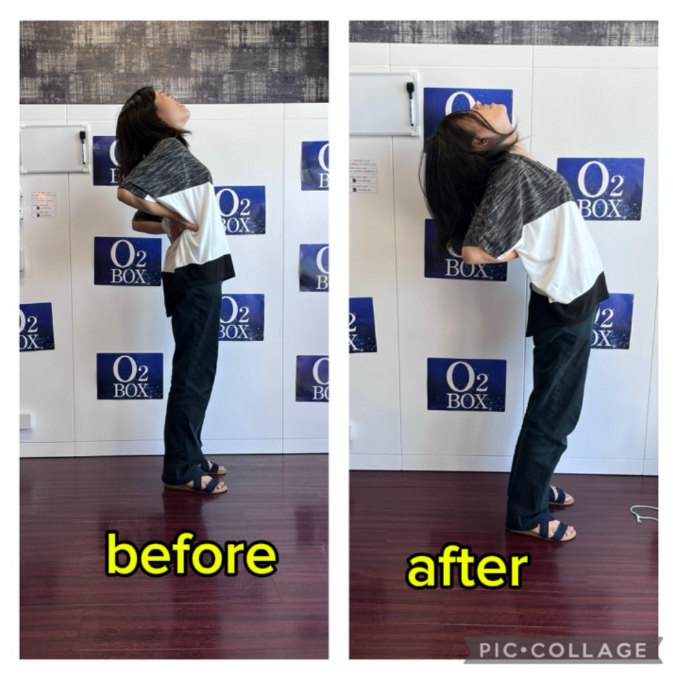 酸素ボックス利用前後での体の柔軟性の比較写真。